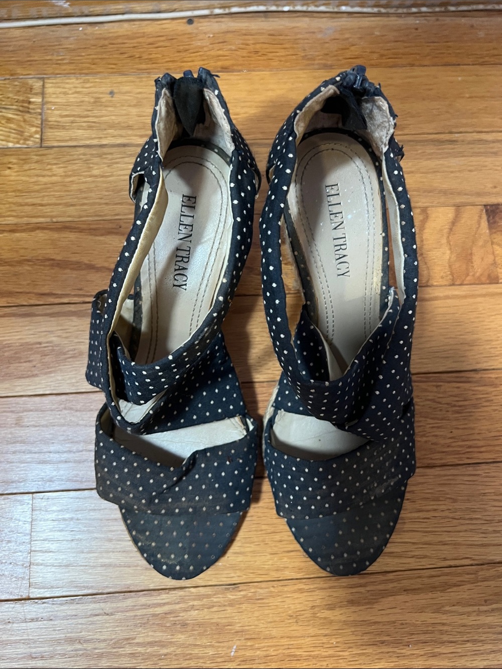 Ellen Tracy Black Polka Dot Wrap Open-Toe Heels